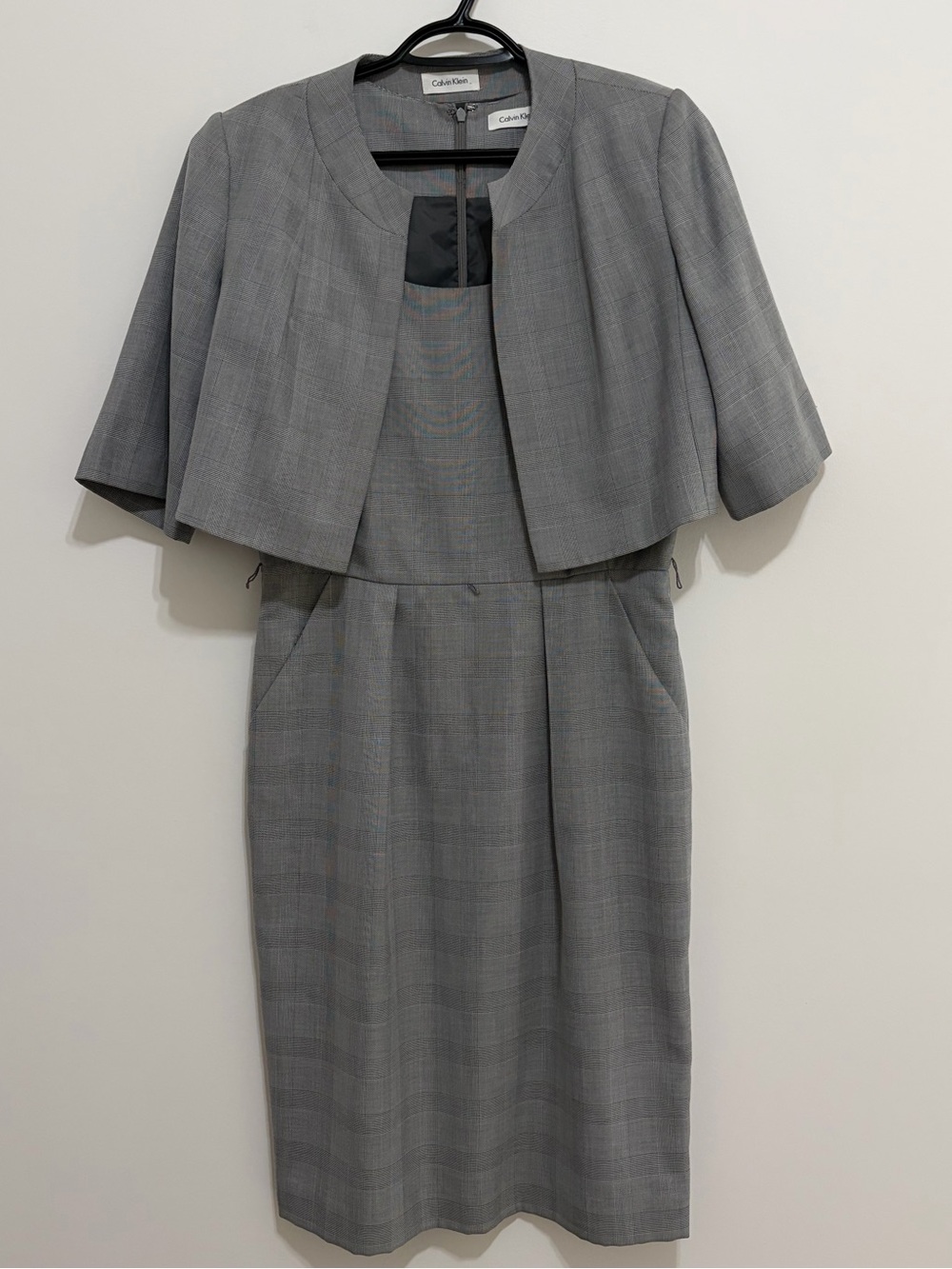 Calvin Klein Gray Plaid Blazer and Midi Dress Set - No Belt
